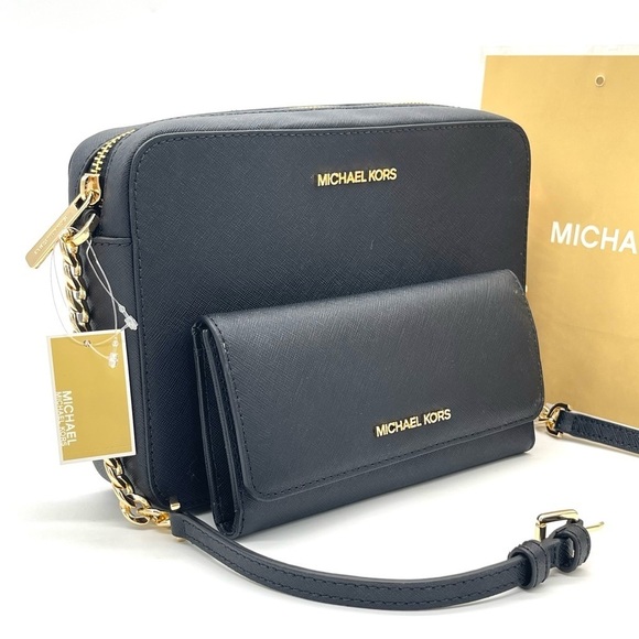 Michael Kors Large EW Crossbody Bag & Trifold Wallet Black - Picture 1 of 10